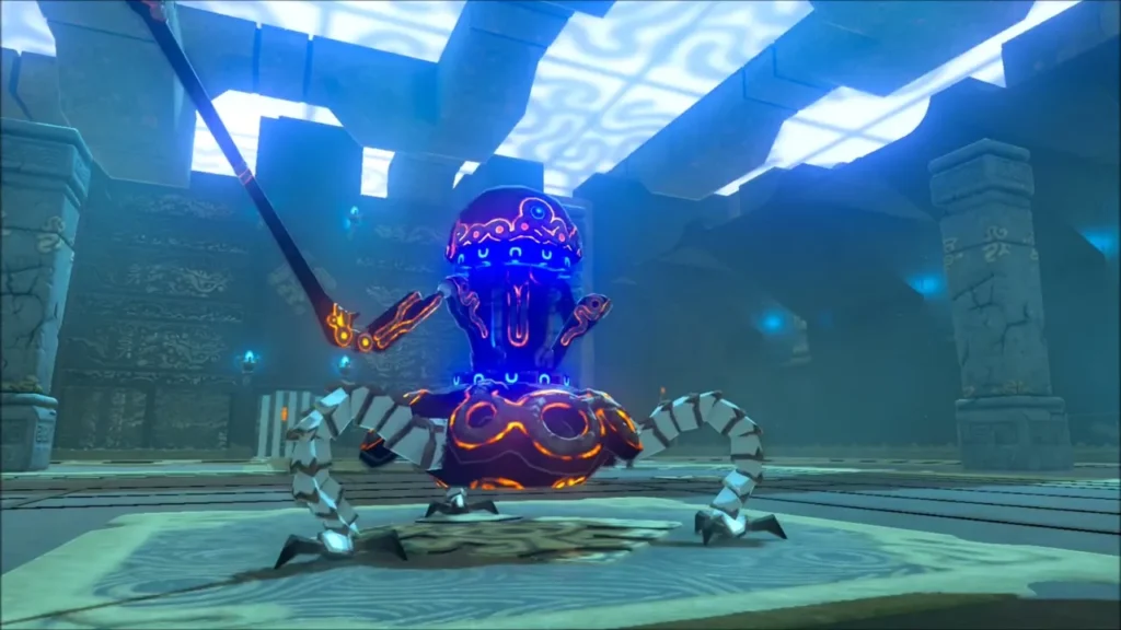 A Guardian Scout raising its spear in the shrine chamber A Guardian Scout raising its spear in the shrine chamber