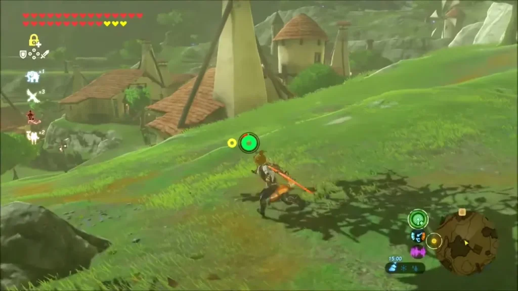 Link running down a grassy slope toward the roofs of Hateno Village Link running down a grassy slope toward the roofs of Hateno Village