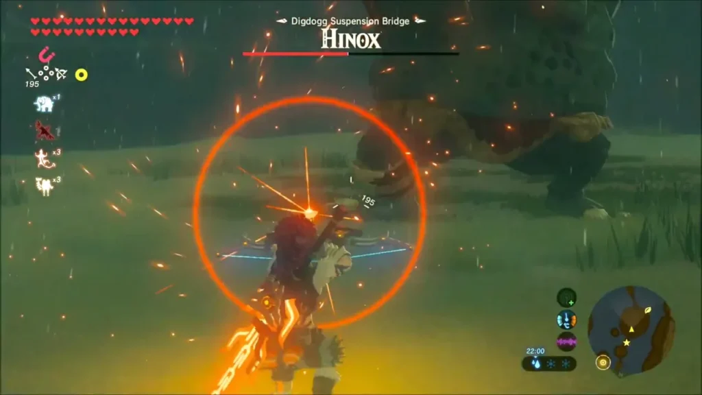 Link shooting a flaming arrow at the Hinox at night Link shooting a flaming arrow at the Hinox at night