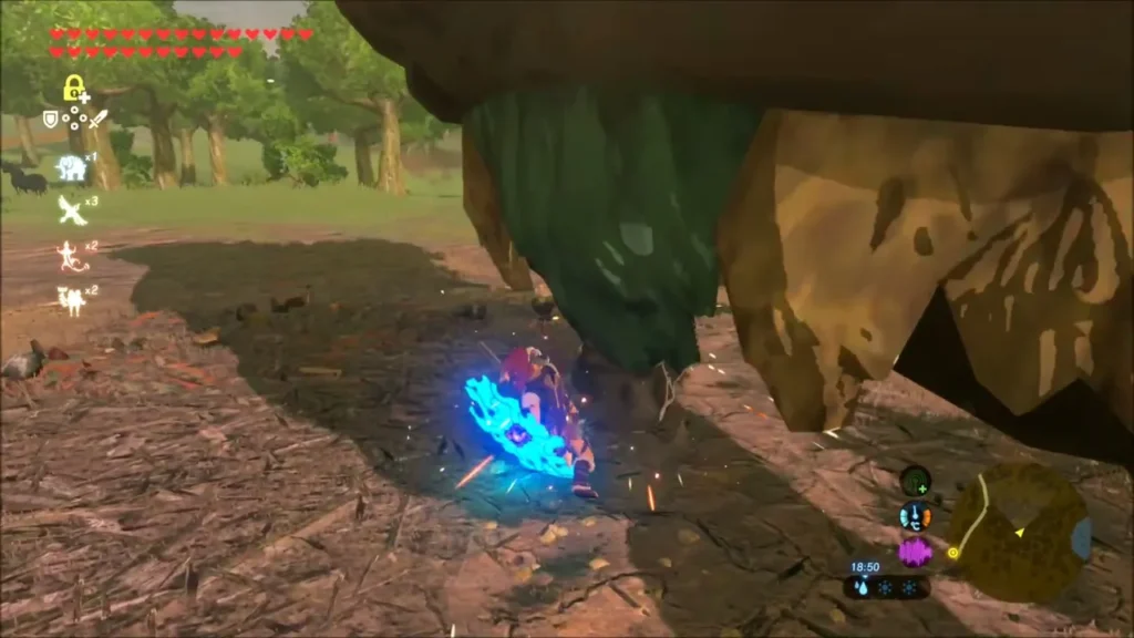 Link slashing at the downed Hinox's foot Link slashing at the downed Hinox's foot