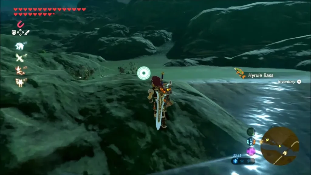 Link on a rocky shore after catching a Hyrule Bass Link on a rocky shore after catching a Hyrule Bass
