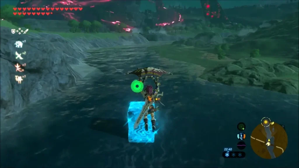 Link gliding down onto a Cryonis ice block in the Hylia River Link gliding down onto a Cryonis ice block in the Hylia River