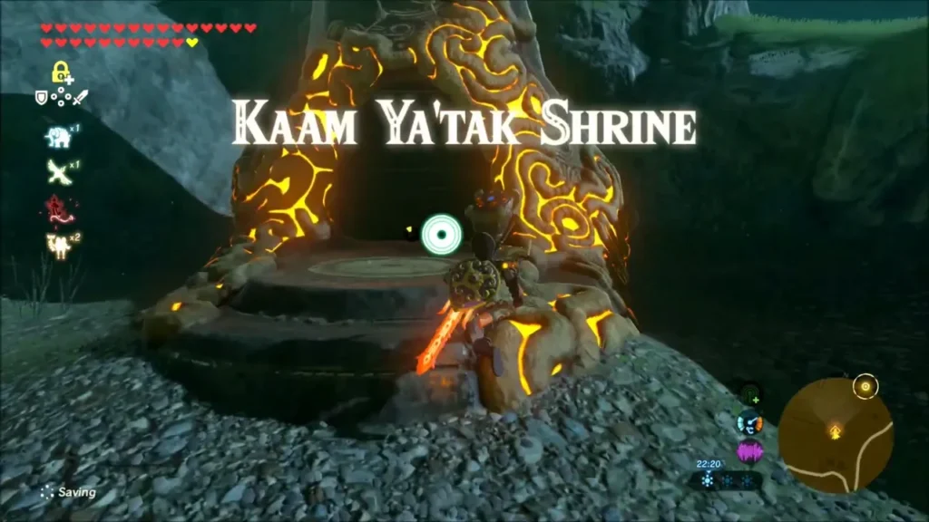 Link at the glowing entrance of Kaam Ya'tak Shrine with its name on screen Link at the glowing entrance of Kaam Ya'tak Shrine with its name on screen