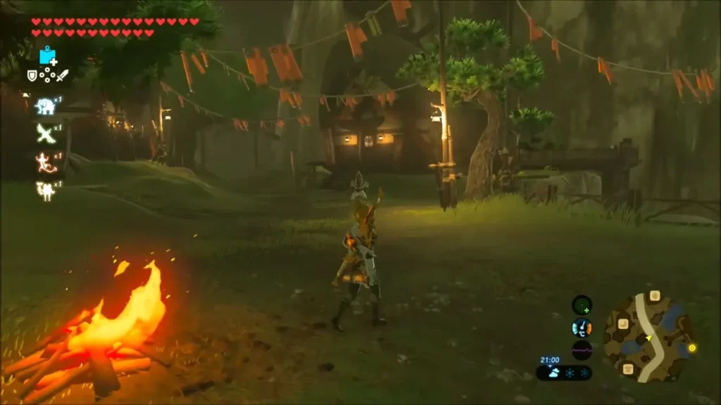 Link beside a campfire in Kakariko Village square at night Link beside a campfire in Kakariko Village square at night