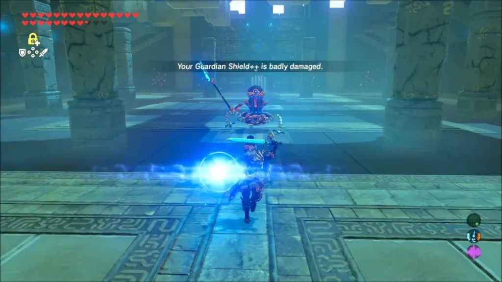 Link dodging toward a Guardian Scout II with a spear inside Katah Chuki Shrine Link dodging toward a Guardian Scout II with a spear inside Katah Chuki Shrine