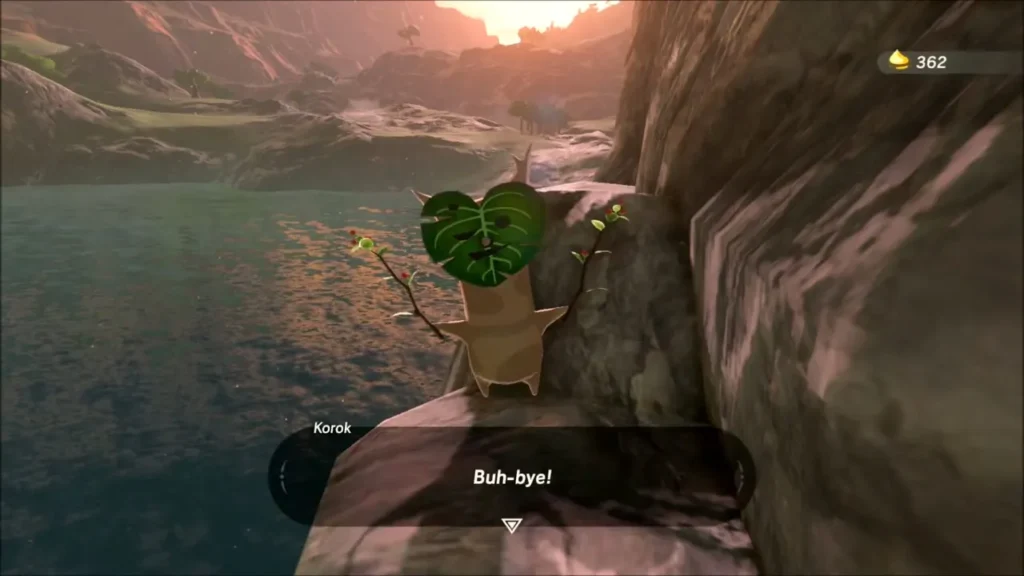 A Korok waving from a cliff ledge above the lake A Korok waving from a cliff ledge above the lake