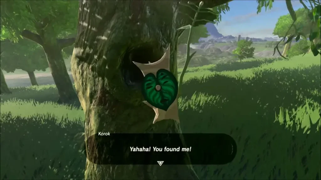 A Korok peeking from a tree knothole saying it was found A Korok peeking from a tree knothole saying it was found