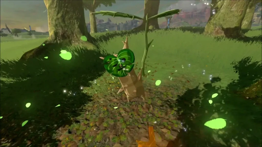 A Korok popping up on a stump with green leaves swirling around A Korok popping up on a stump with green leaves swirling around