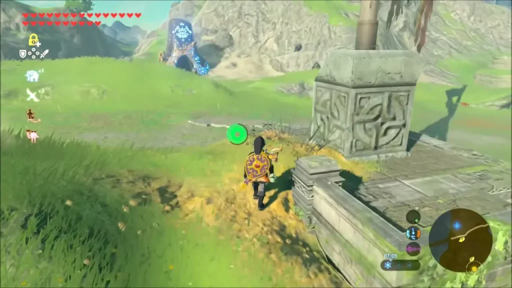 Link beside a carved stone block with a tall pole standing on it Link beside a carved stone block with a tall pole standing on it