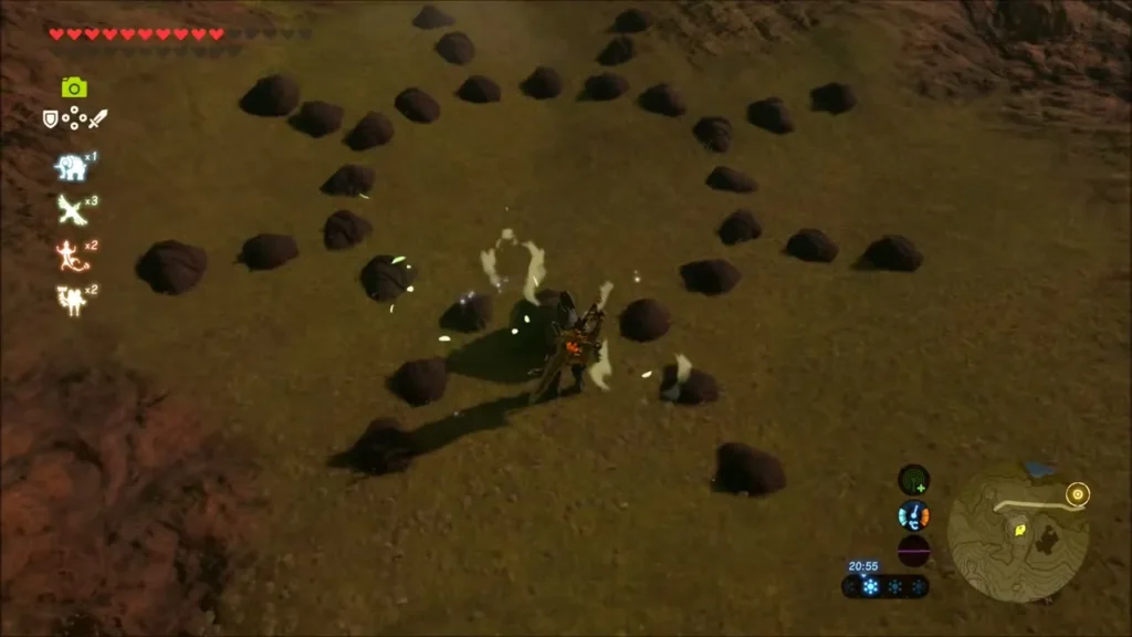 Link standing among a ring of rocks on a grassy hillside at dusk Link standing among a ring of rocks on a grassy hillside at dusk
