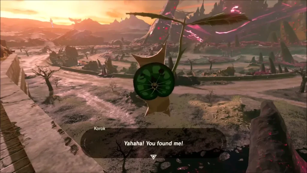 A Korok greeting Link with its leaf above the ruined town and red Malice A Korok greeting Link with its leaf above the ruined town and red Malice