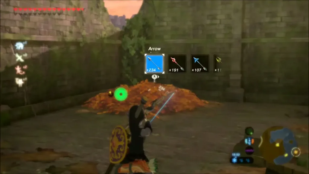 Link aiming a fire arrow at a pile of dry leaves in a walled stone room Link aiming a fire arrow at a pile of dry leaves in a walled stone room