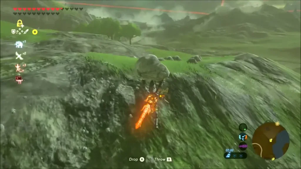 Link lifting a rock on a rocky hillside mound Link lifting a rock on a rocky hillside mound