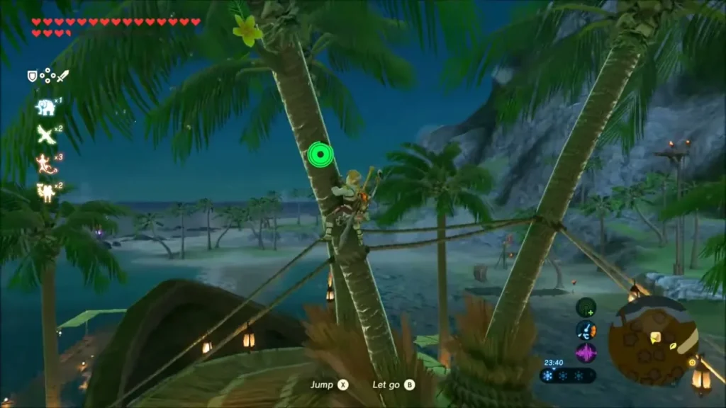 Link climbing a palm tree beside Lurelin's houses Link climbing a palm tree beside Lurelin's houses