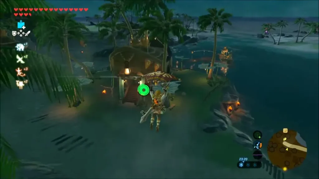 Link gliding over the thatched houses of Lurelin Village at night Link gliding over the thatched houses of Lurelin Village at night
