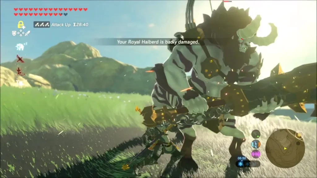 Link fighting a Lynel on sunny grassland with Attack Up active Link fighting a Lynel on sunny grassland with Attack Up active
