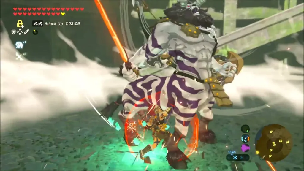 Link striking the white-maned Lynel in close combat Link striking the white-maned Lynel in close combat