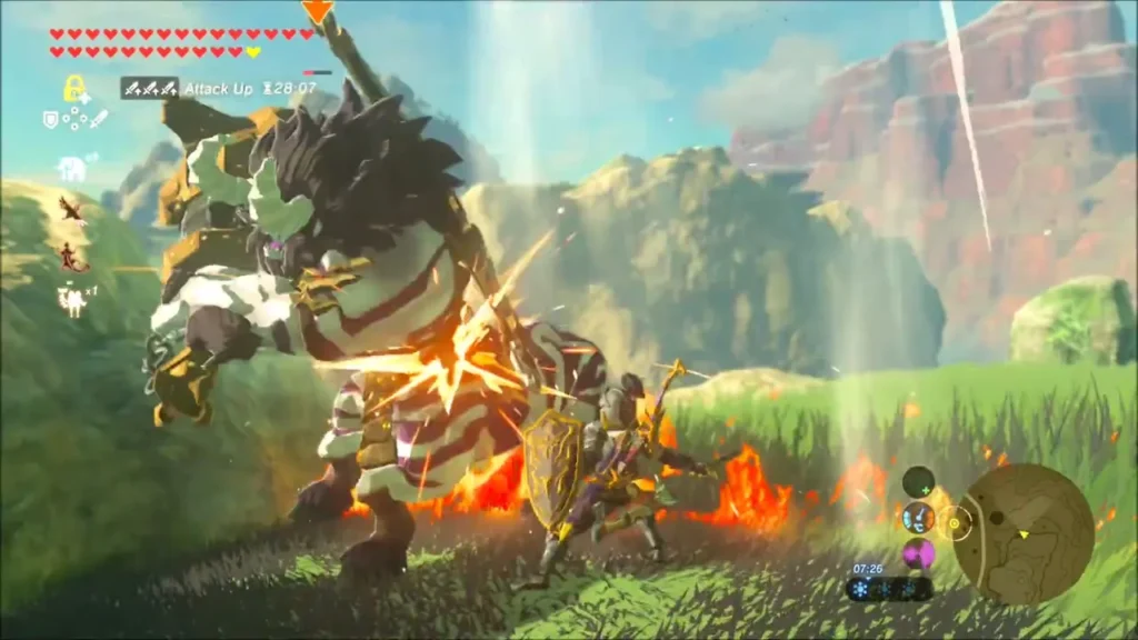 Link and a Lynel trading blows in flames beneath a red mesa Link and a Lynel trading blows in flames beneath a red mesa