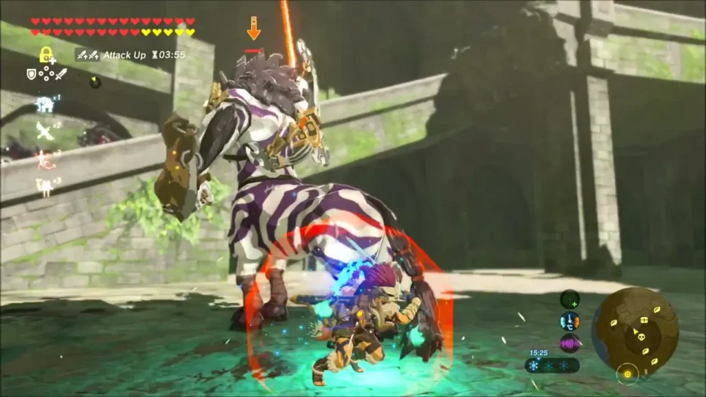 Link parrying a Lynel's attack in the arena Link parrying a Lynel's attack in the arena