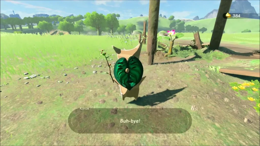 A Korok beside a wooden post with a pink flower nearby A Korok beside a wooden post with a pink flower nearby