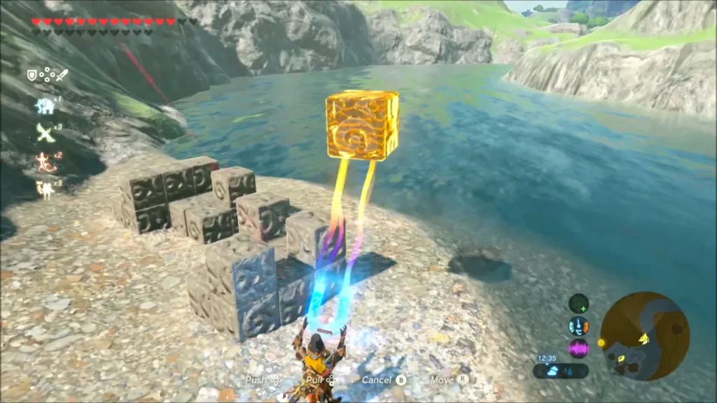 Link lifting a glowing gold block with Magnesis beside a stone block pile on the lake shore Link lifting a glowing gold block with Magnesis beside a stone block pile on the lake shore