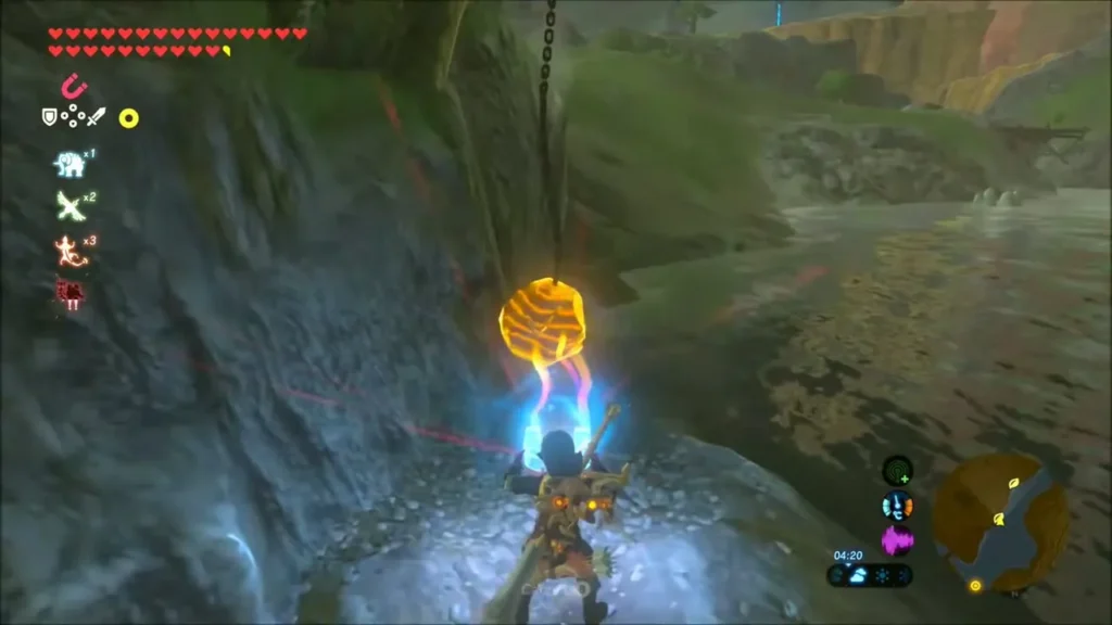 Link using Magnesis to pull a metal ball hanging beside the cliff Link using Magnesis to pull a metal ball hanging beside the cliff