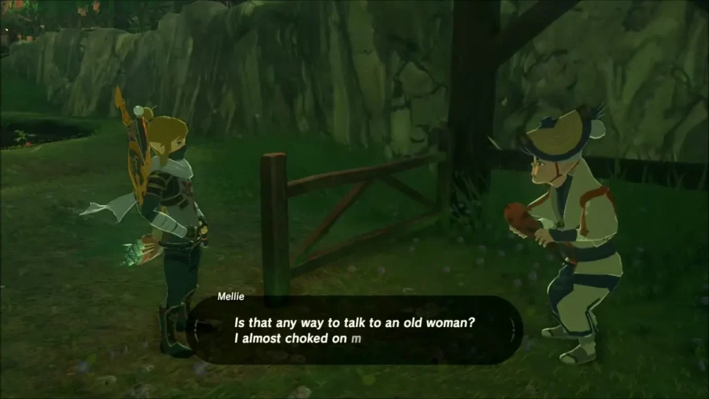 Mellie by a wooden fence talking with Link at night Mellie by a wooden fence talking with Link at night