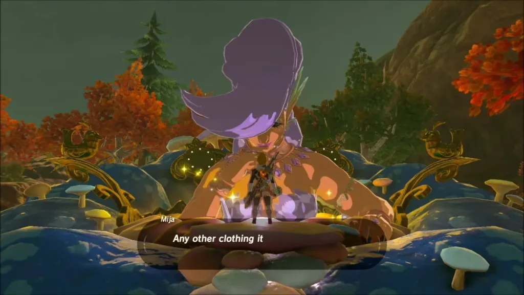 Link standing before the giant Great Fairy Mija in her grove Link standing before the giant Great Fairy Mija in her grove