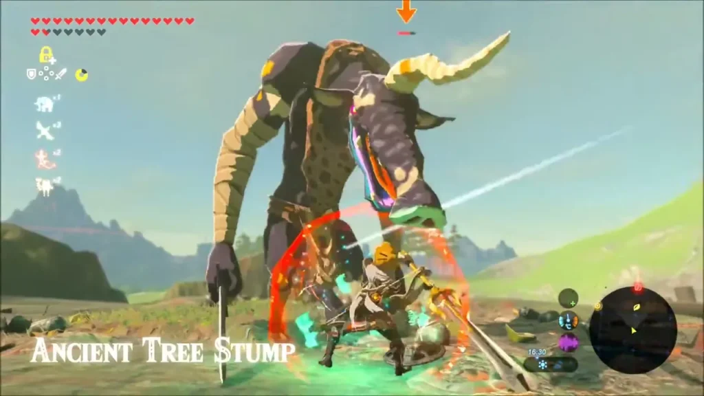 Link dodging a Moblin's swing at the Ancient Tree Stump camp Link dodging a Moblin's swing at the Ancient Tree Stump camp