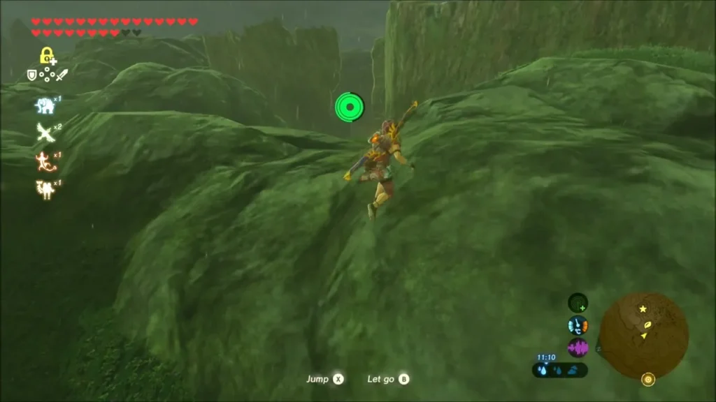 Link scaling the grassy cliff on top of Crenel Hills Link scaling the grassy cliff on top of Crenel Hills