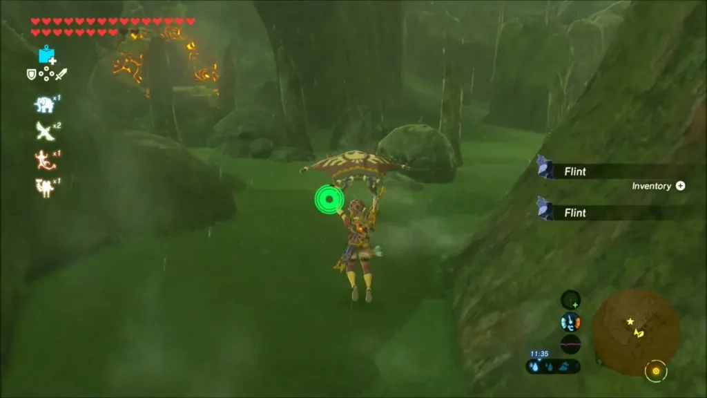Link gliding into the hollow beside a mossy cliff, with Flint collected Link gliding into the hollow beside a mossy cliff, with Flint collected