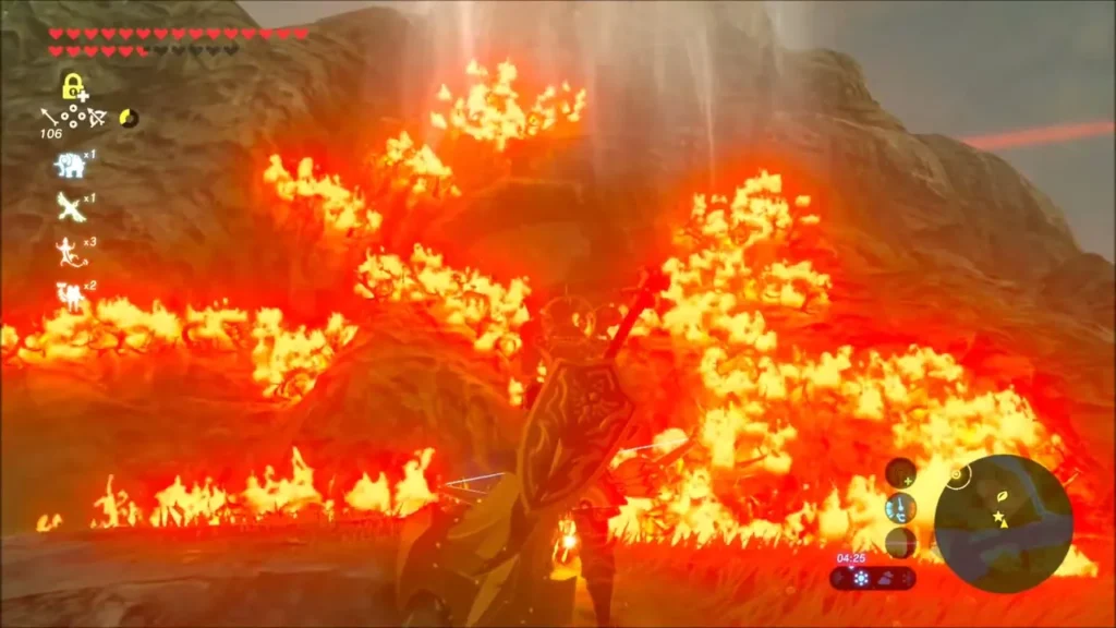 Link burning the thorns that block the Noya Neha Shrine entrance Link burning the thorns that block the Noya Neha Shrine entrance