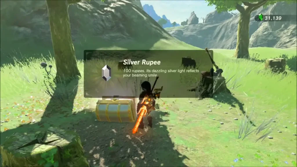 Link opening the chest by the camp with a Silver Rupee inside Link opening the chest by the camp with a Silver Rupee inside