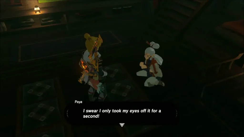 Paya sitting and telling Link she only looked away for a second Paya sitting and telling Link she only looked away for a second