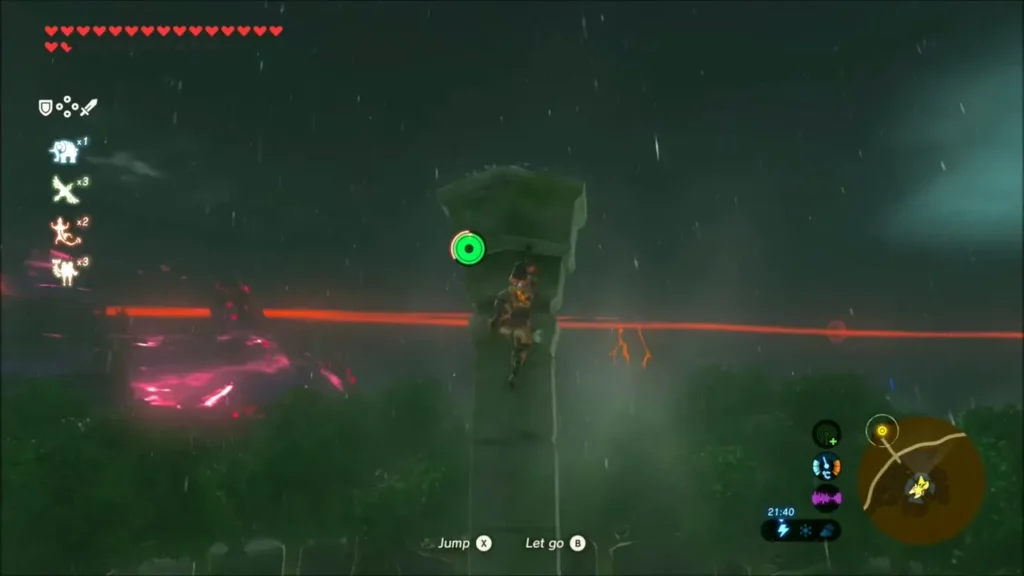 Link climbing a standing pillar in the ruins toward a Korok leaf marker Link climbing a standing pillar in the ruins toward a Korok leaf marker