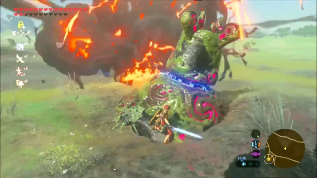 Link striking a mossy stalled Guardian on the plain as it bursts into flames Link striking a mossy stalled Guardian on the plain as it bursts into flames