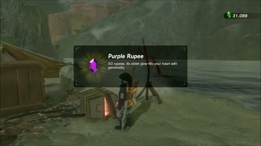 Purple Rupee item box shown beside the opened chest at the shore camp Purple Rupee item box shown beside the opened chest at the shore camp