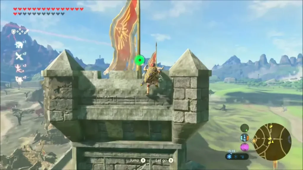 Link climbing the wall beside the gate onto the rampart beneath a red banner Link climbing the wall beside the gate onto the rampart beneath a red banner