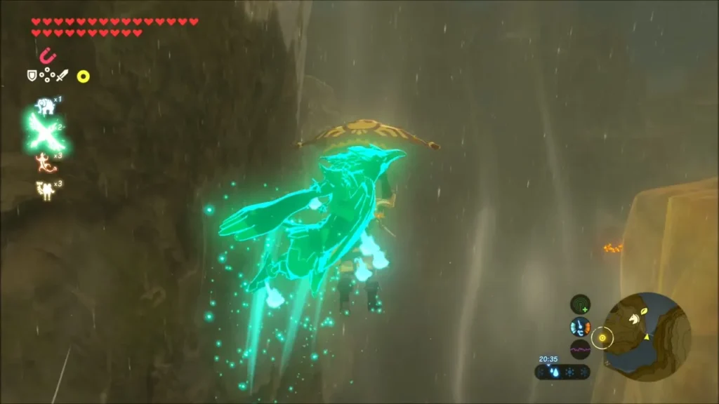 Revali's Gale lifting Link up the ravine wall Revali's Gale lifting Link up the ravine wall