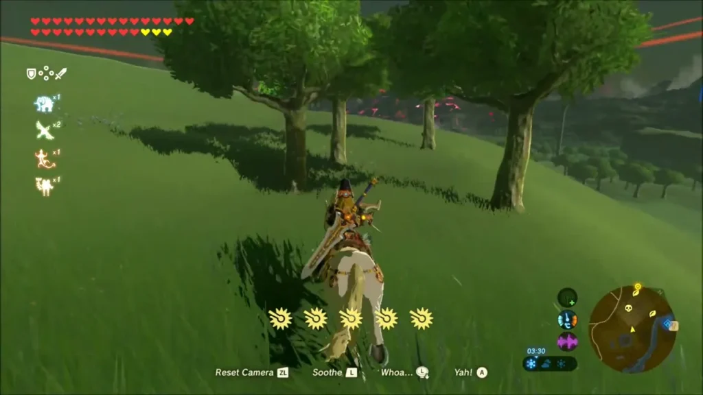 Link riding a horse across the green plain past trees Link riding a horse across the green plain past trees