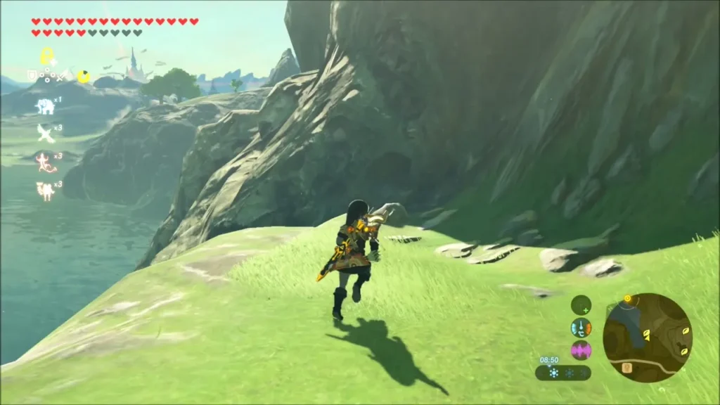 Link running along a grassy ridge above the lake toward the cliff Link running along a grassy ridge above the lake toward the cliff