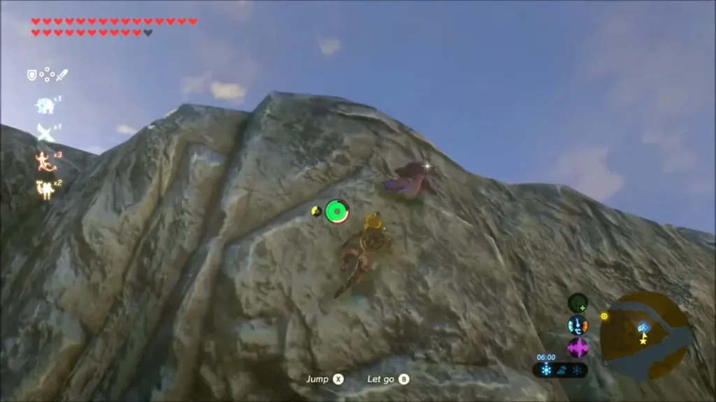 Link climbing a steep rock face above the shrine Link climbing a steep rock face above the shrine