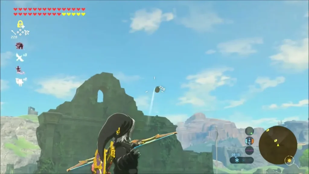Link aiming his bow at a ruined stone wall, an arrow flying up Link aiming his bow at a ruined stone wall, an arrow flying up