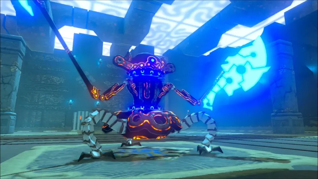 A Guardian Scout raising its spear and glowing axe in a blue arena A Guardian Scout raising its spear and glowing axe in a blue arena