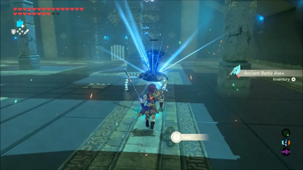 Link running at the Guardian Scout's collapsing remains as an Ancient Battle Axe+ drops Link running at the Guardian Scout's collapsing remains as an Ancient Battle Axe+ drops