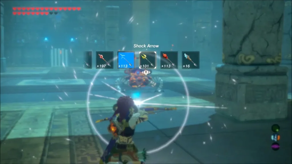 Link aiming a Shock Arrow at the Guardian Scout Link aiming a Shock Arrow at the Guardian Scout