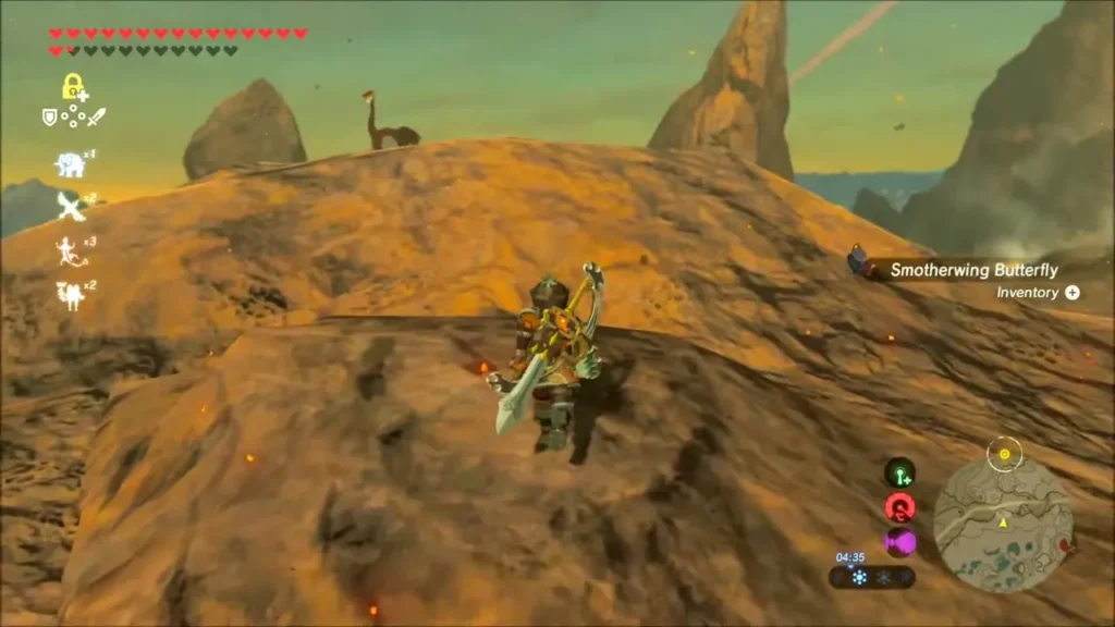 Link collecting a Smotherwing Butterfly on a volcanic ridge Link collecting a Smotherwing Butterfly on a volcanic ridge
