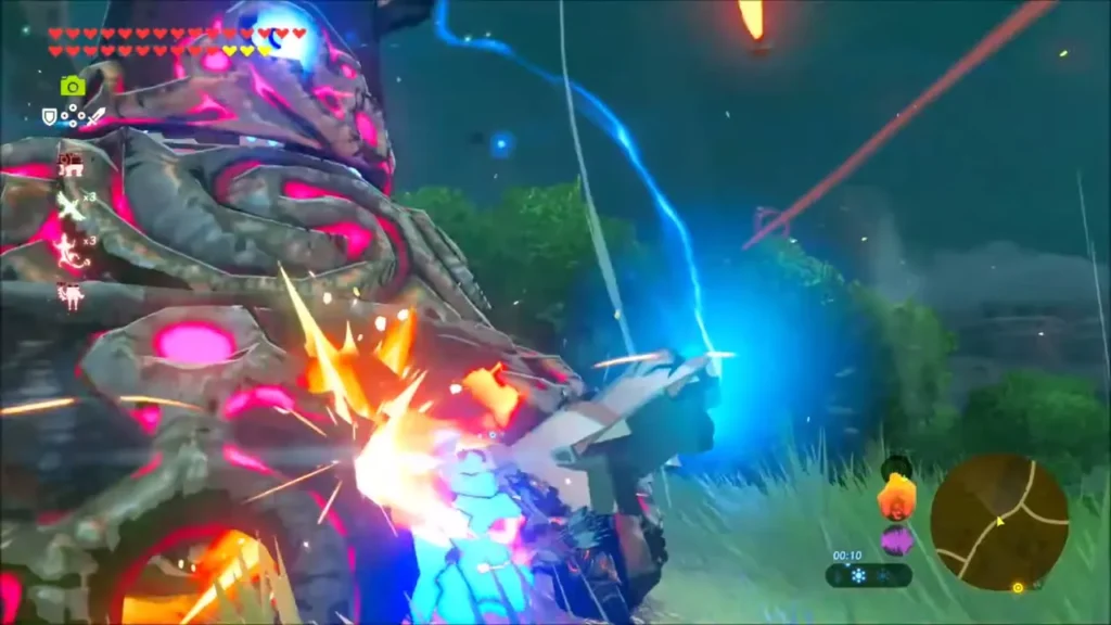Link striking the Guardian Stalker's frozen body with a burst of sparks Link striking the Guardian Stalker's frozen body with a burst of sparks