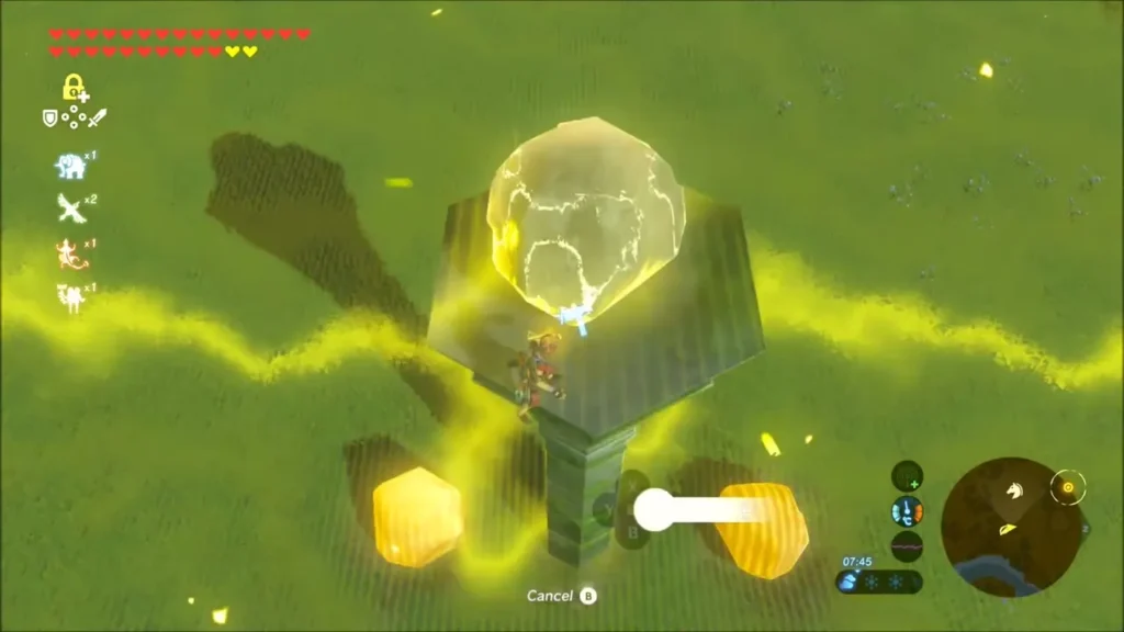 A boulder frozen in the yellow glow of Stasis on the pillar A boulder frozen in the yellow glow of Stasis on the pillar