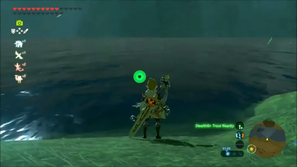 Link on the lake shore with a Stealthfin Trout nearby in dark water Link on the lake shore with a Stealthfin Trout nearby in dark water